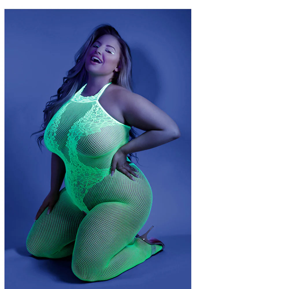 Fantasy Lingerie Glow Moonbeam Crotchless Bodystocking Green Queen Size Valentine’s Day